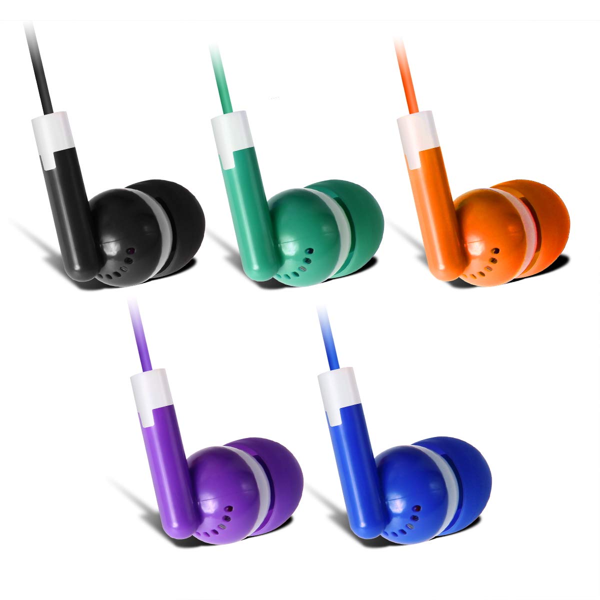 Keewonda 30 Pack Multi Color Earbuds for Kids, In-Ear, Wired, 5 Colors (Black, Blue, Orange, Green, Purple), Compatible