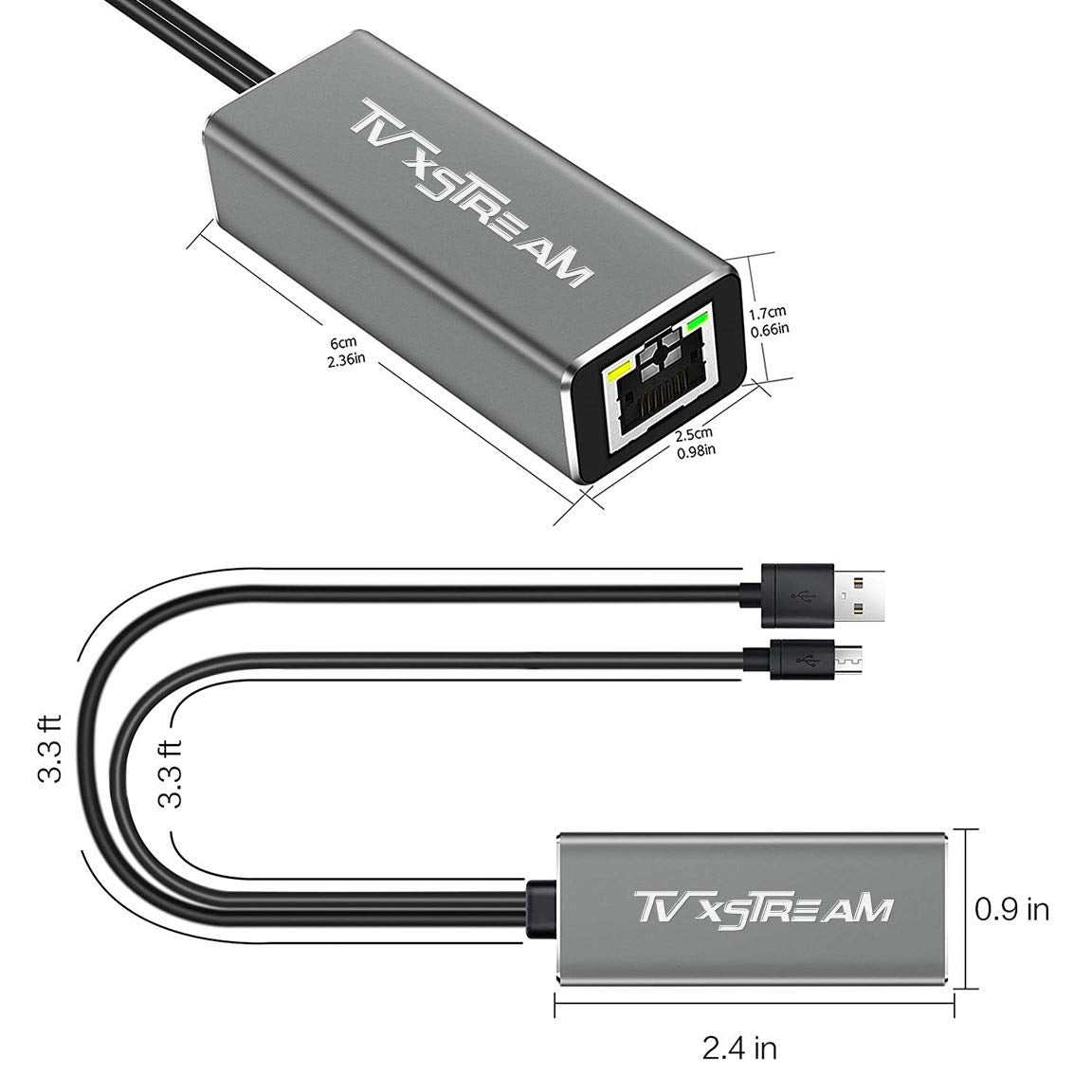 USB Ethernet Adapter (Silver) for Fire TV Stick Lite/4K/4k Max Firestick or Chromecast with Micro not Type C connection, USB to RJ45 Ethernet, 3ft