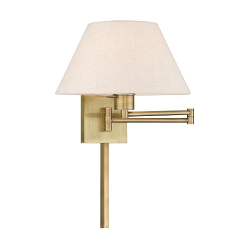 Livex Lighting 40038-01 25" One Light Swing Arm Wall Mount, Antique Brass Finish with Oatmeal Fabric Shade