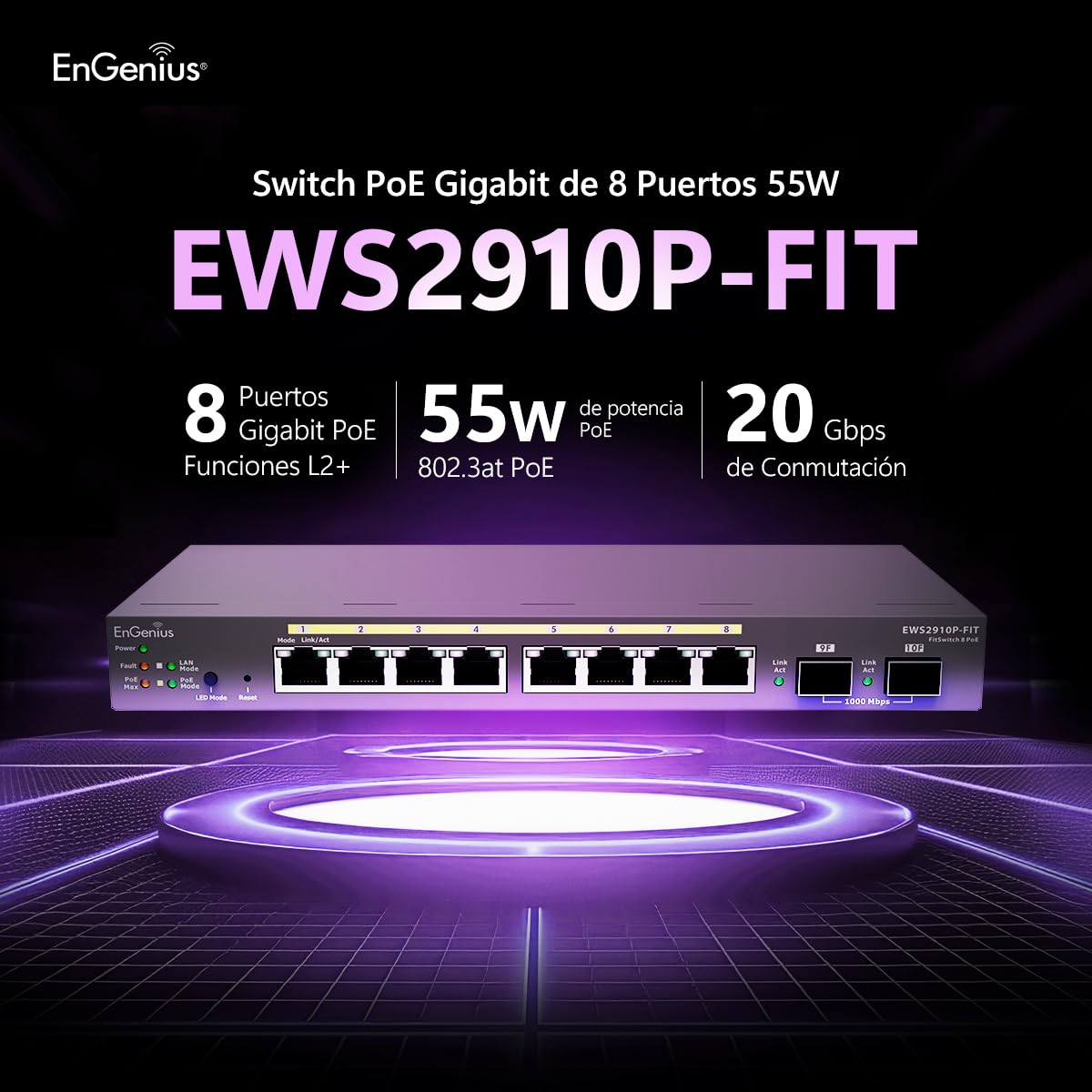 EnGenius Fit EWS2910P-FIT 8-Port Gigabit PoE Managed Switch - 55W Power Budget, Layer 2+ Management, SFP Uplinks for Small Business Networks