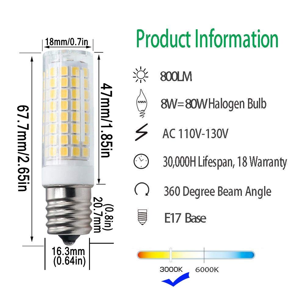 E17 LED Bulb,Dimmable 8W,80W Halogen Bulb Equivalent?800Lm, AC120V,E17 Bulb Warm White 3000k, for Over Counter Microwave Ovens (Pack of 2)