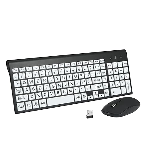 Full Size Large Print 2.4g Wireless Keyboard and Mouse with Oversized Print for Visually Impaired Low Vision Individuals (Black)