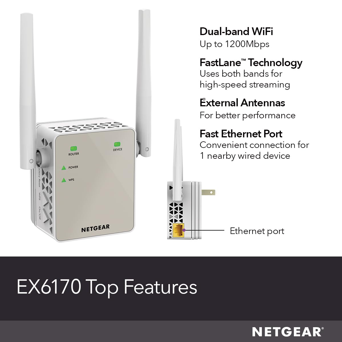 NETGEAR Dual-Band WiFi 5 Range Extender (EX6170) - Coverage up to 1,500 sq. ft., 25 Devices with AC1200 (up to 1200Mbps Speed) - Wireless Signal