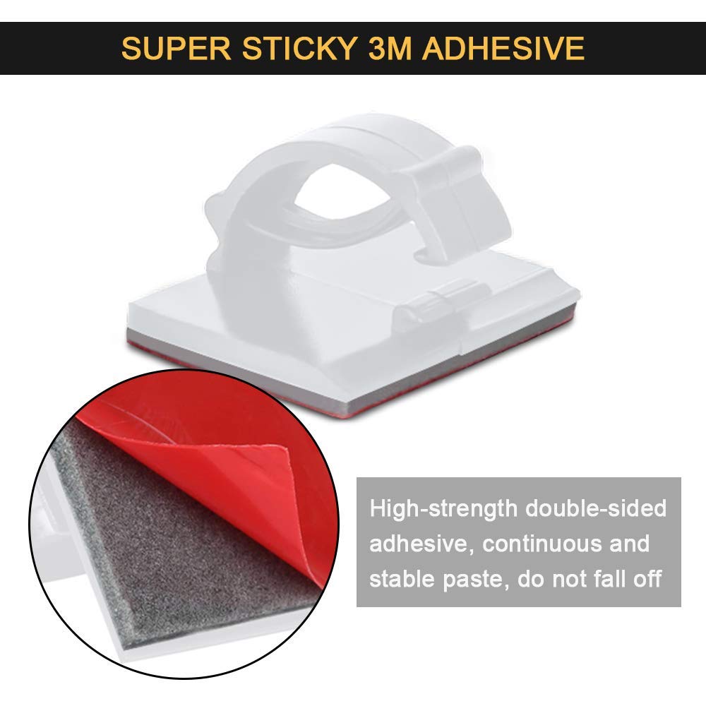 Cable Clips Self with 3M Adhesive Cord Organizer, Wire Holder Clamp Management Sticky for Desk Car Dash Cam Tables Wall, White 50pcs