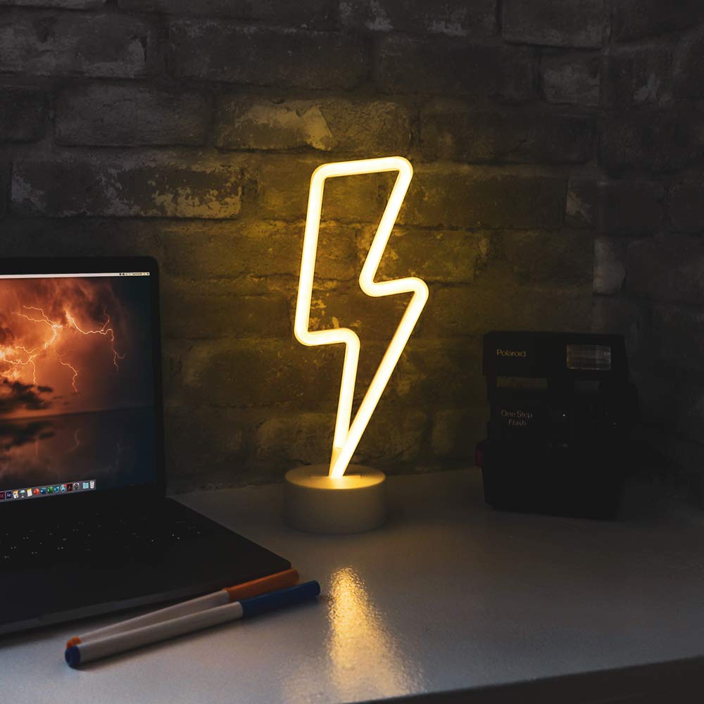 Isaac Jacobs 11.75” x 4.35” LED Neon Yellow Lightning Bolt Tabletop Lamp, White Base, Night Light, for Bedroom Décor & Party; Battery Powered