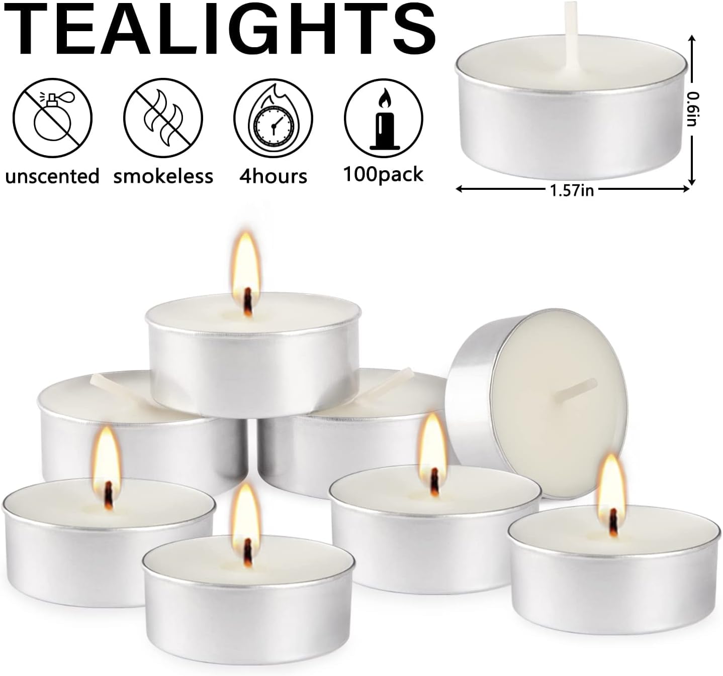 100 Pack Unscented Tealight Candles, 4 Hour Burn Time, Smokeless & Dripless White Tea Lights in Aluminum Cups, Standard Size Votive Candles
