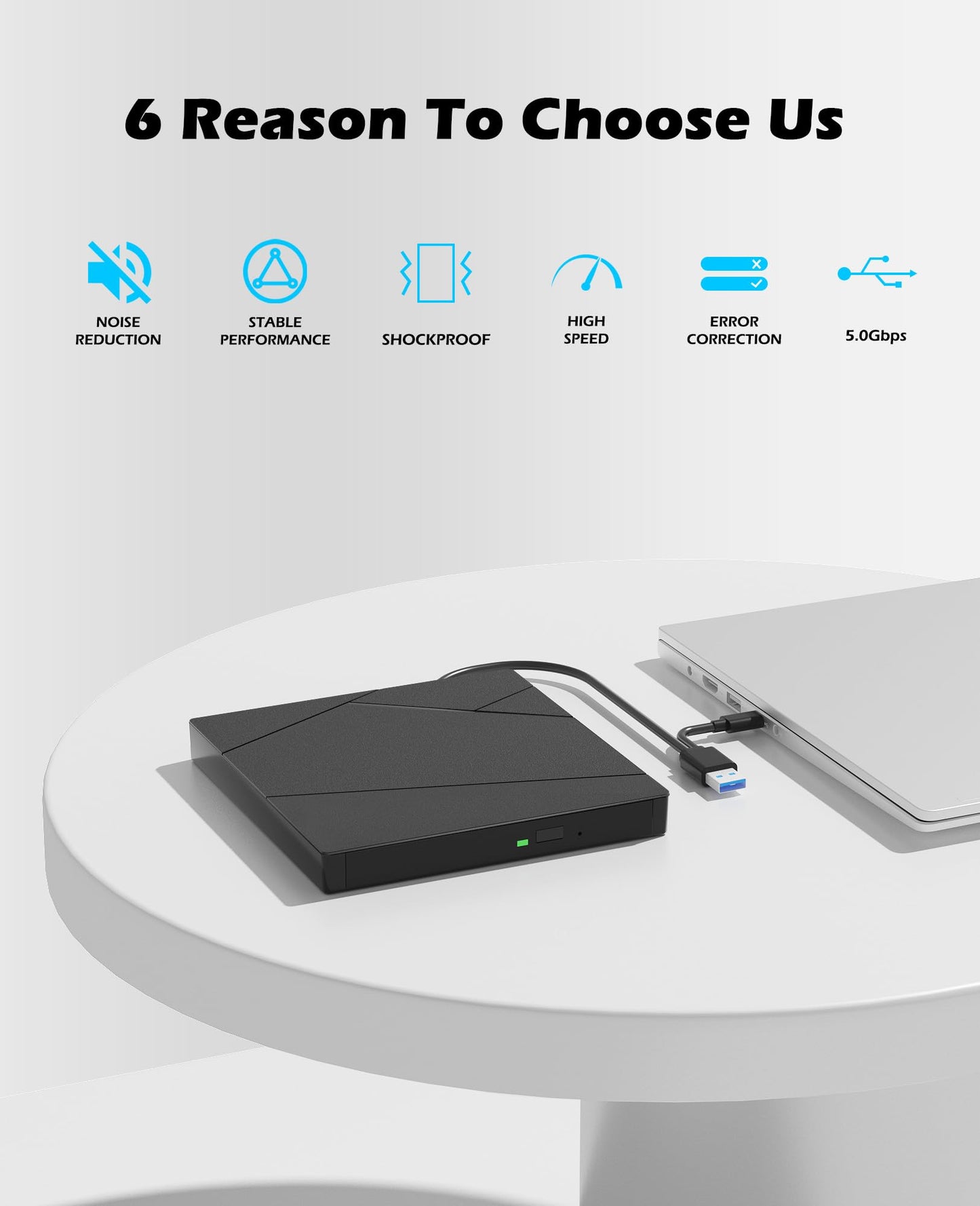 Wbacon External Blu-ray Drive, External Blueray/DVD Drive for PC External Bluray Burner with Extension Data Cable USB 3.0 Type-C Compatible