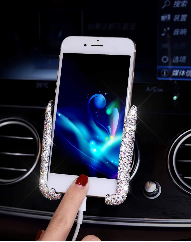 SUNCARACCL Bling Car Phone Holder Mini Dash Air Vent Automatic Phone Mount Universal 360°Adjustable Crystal for Women and Girls (White)