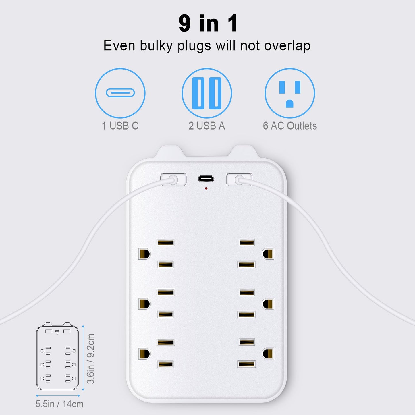 Basics 6 Outlet Extender Splitter with 3 USB Wall Charger(2 USB-C Ports), Multi Plug Outlet Power Strip for Home Ports 2.4A, Dorm Room Essentials