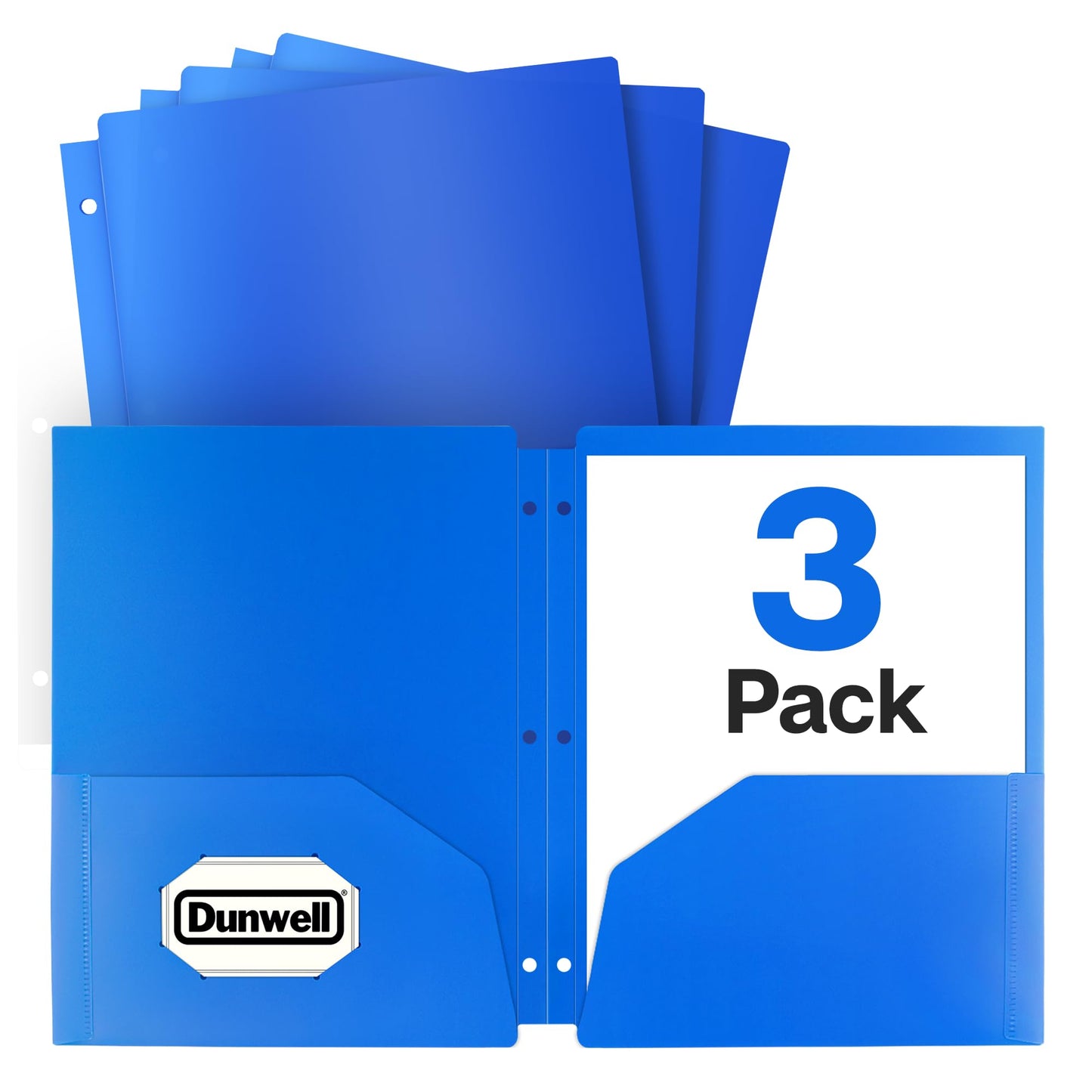 Dunwell Plastic 2-Pocket Folders for 3-Ring Binders, (3 Pack, Blue) 3 Hole Punched, Divider Folder for Notebooks, Durable Poly, Fits 8.5x11 Sheets