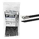 Kable Kontrol Black Metal Zip Ties - 8" Inch Long 100 Pcs, 200 Lbs Tensile Strength, Polyester Coated 304 Stainless Steel Cable Ties UV & Chemical