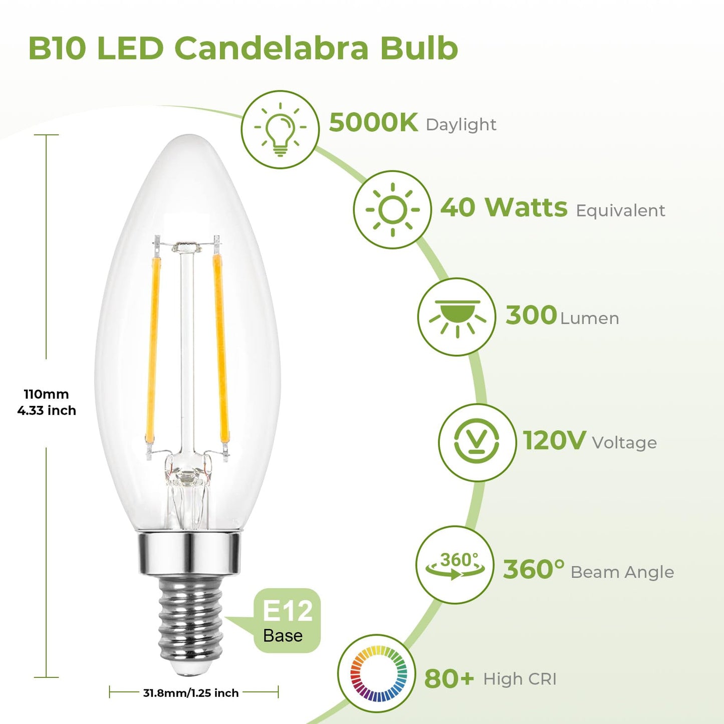 Sigalux E12 LED Candelabra Bulb 40 Watt Equivalent, Dimmable Chandelier Light Bulbs 5000K Daylight, B10 Candle Bulbs for Chandelier, 3W, 300LM, 6 Pack