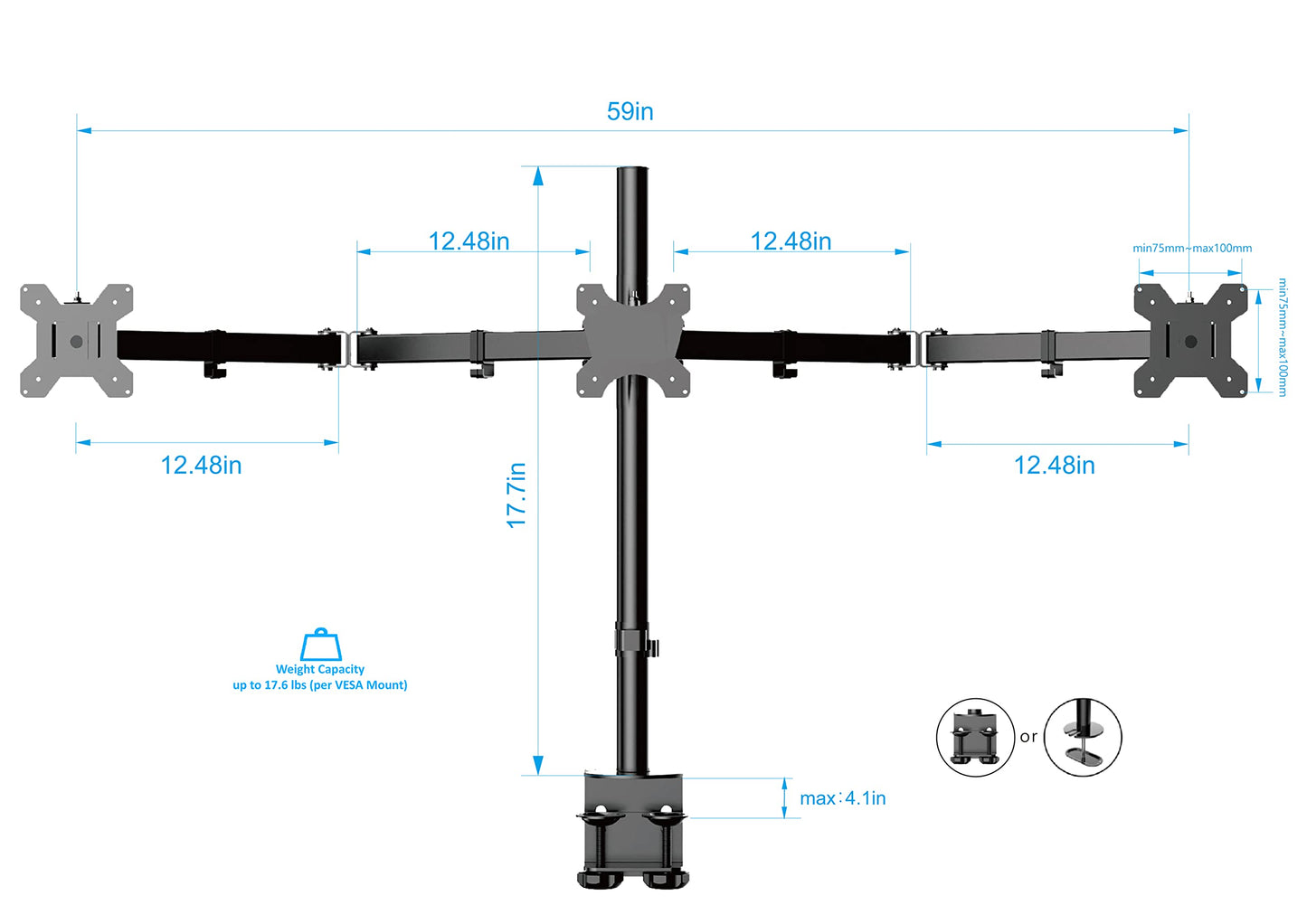 Rocelco Premium Triple Monitor Desk Mount - Standard Pattern Fits 13" - 27" LED LCD Flat Computer Screen - Three Articulated Full Motion Adjustable