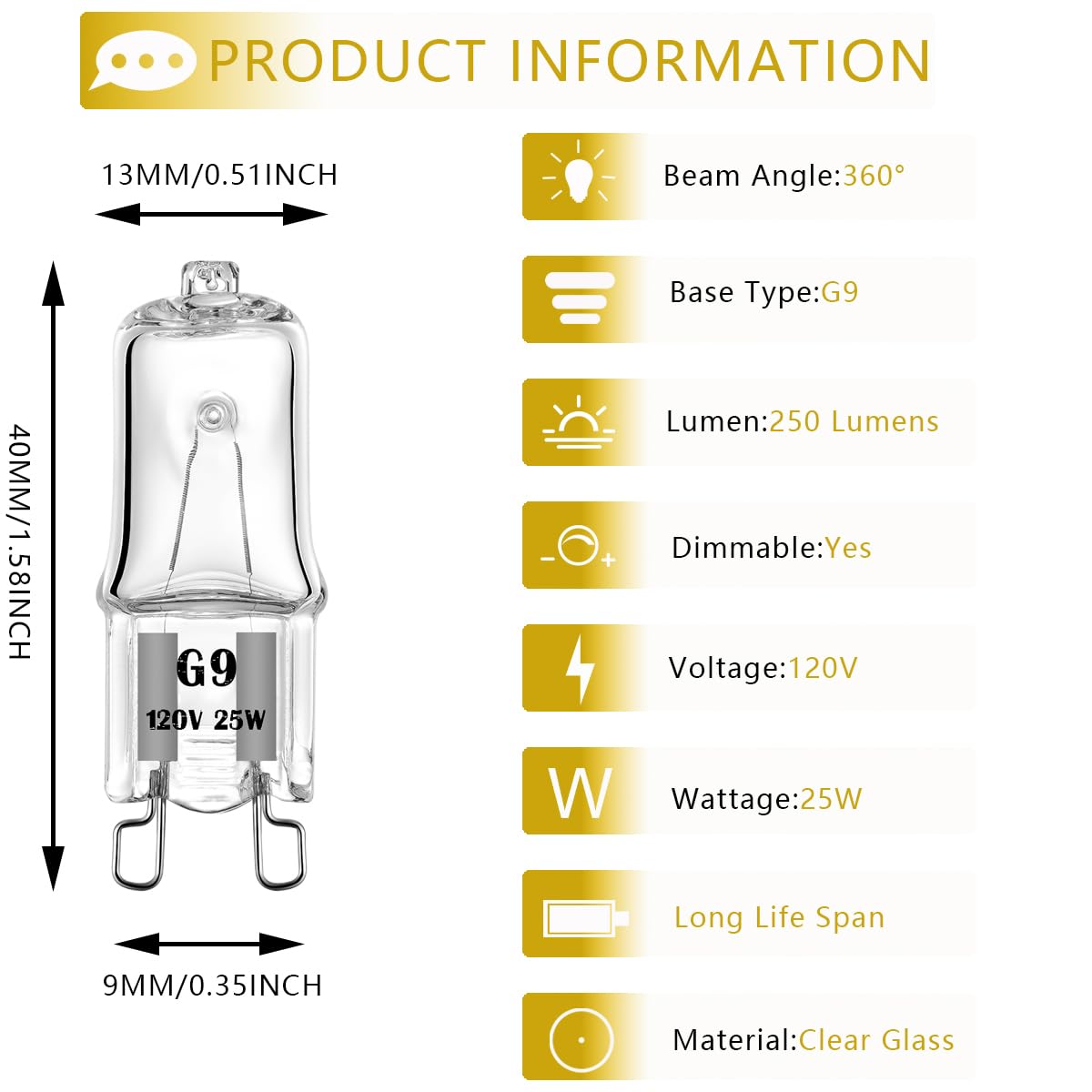 YBEK G9 Halogen Bulb 120V 25W T4 Type 2 Pin Base, Replacement for Range Hood Lights, Bathroom Light Bulbs, Microwave Ovens Candle Warmer Light Bulbs