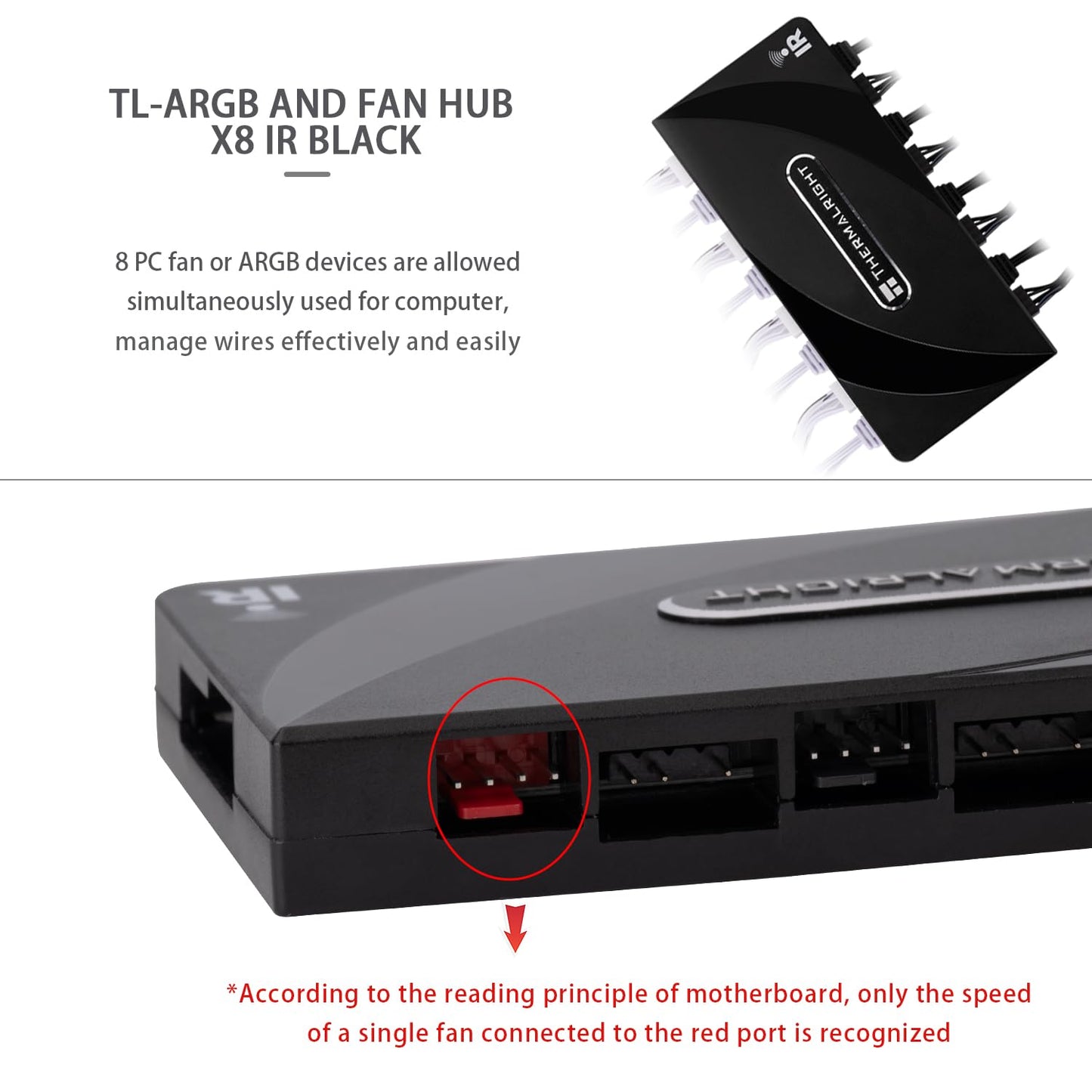 Thermalright ARGB and Fan HUB X8 IR Black Hub Controller Support 8 Groups of CPU Fans,3Pin PC ARGB Controller and 4Pin PWM Fan,with LED Remote