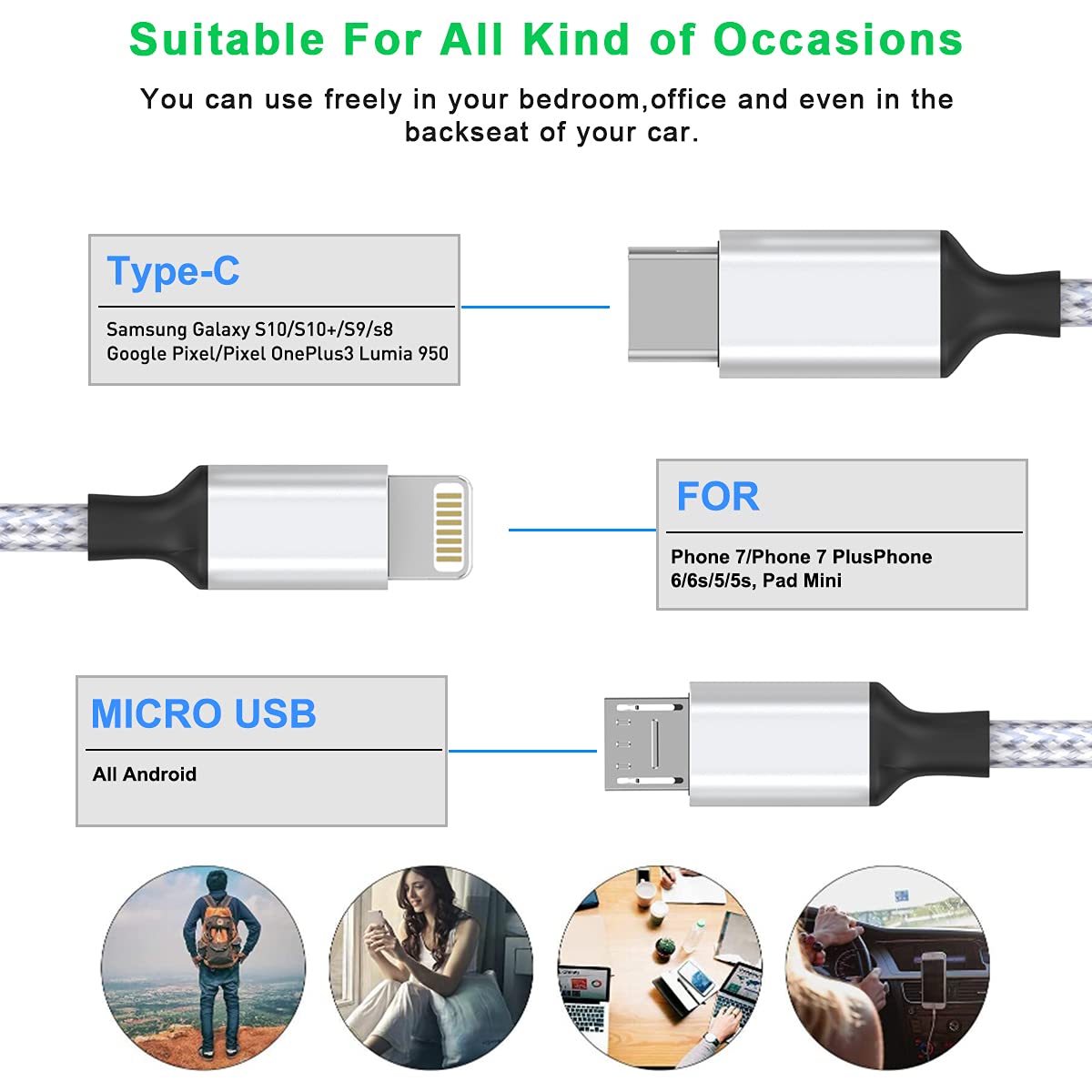 Multi 3 in 1 USB Long iPhone Charging Cable, 3M/10Ft Nylon Braided Universal Phone Charger Cord USB C/Micro USB/Lightning Connector Adapter…