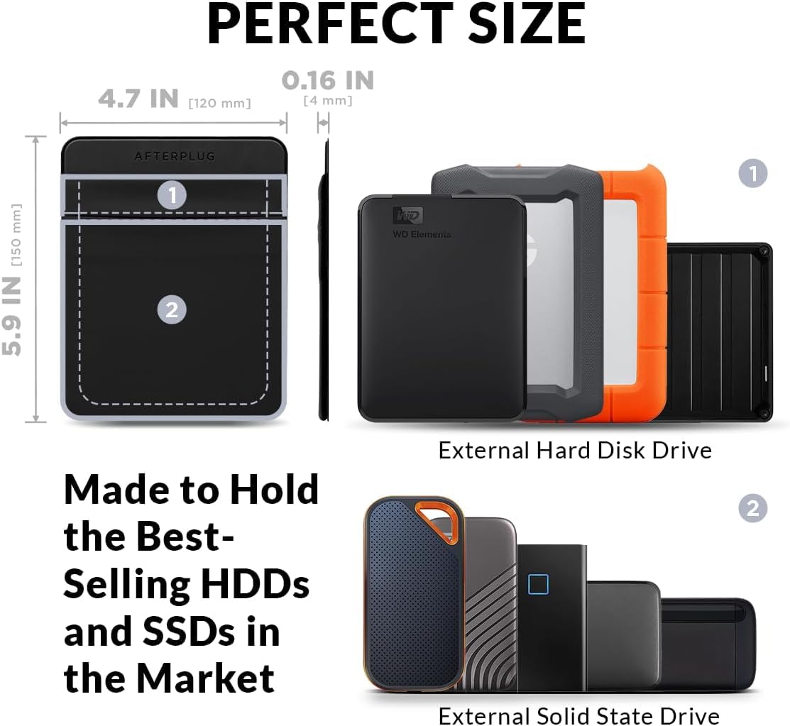 Afterplug 2-Pocket Adhesive Hard Drive Holder for Laptop, Stick-On Pocket Pouch for External Portable SSD, HDD, Slim Mouse and Cables (Large - Fits