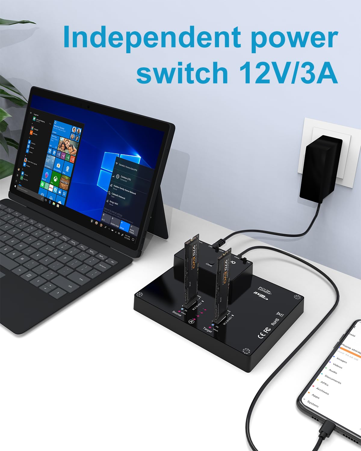 MAIWO K3015P Portable Dual Bay M.2 NVME Docking Station, Tool-Free Type-C10Gbps NVME SSD External Enclosure, with Offline Clone duplicator and System