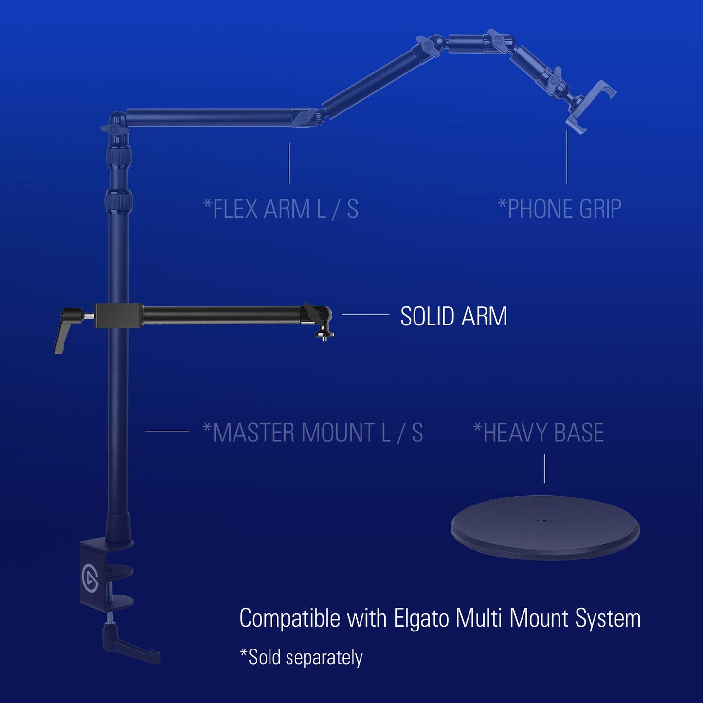 Elgato Solid Arm, Holding Arm with Padded Clamp for Easy Mounting and Adjusting of Lights, Cameras, and Microphones, for Streaming, Videoconferencing