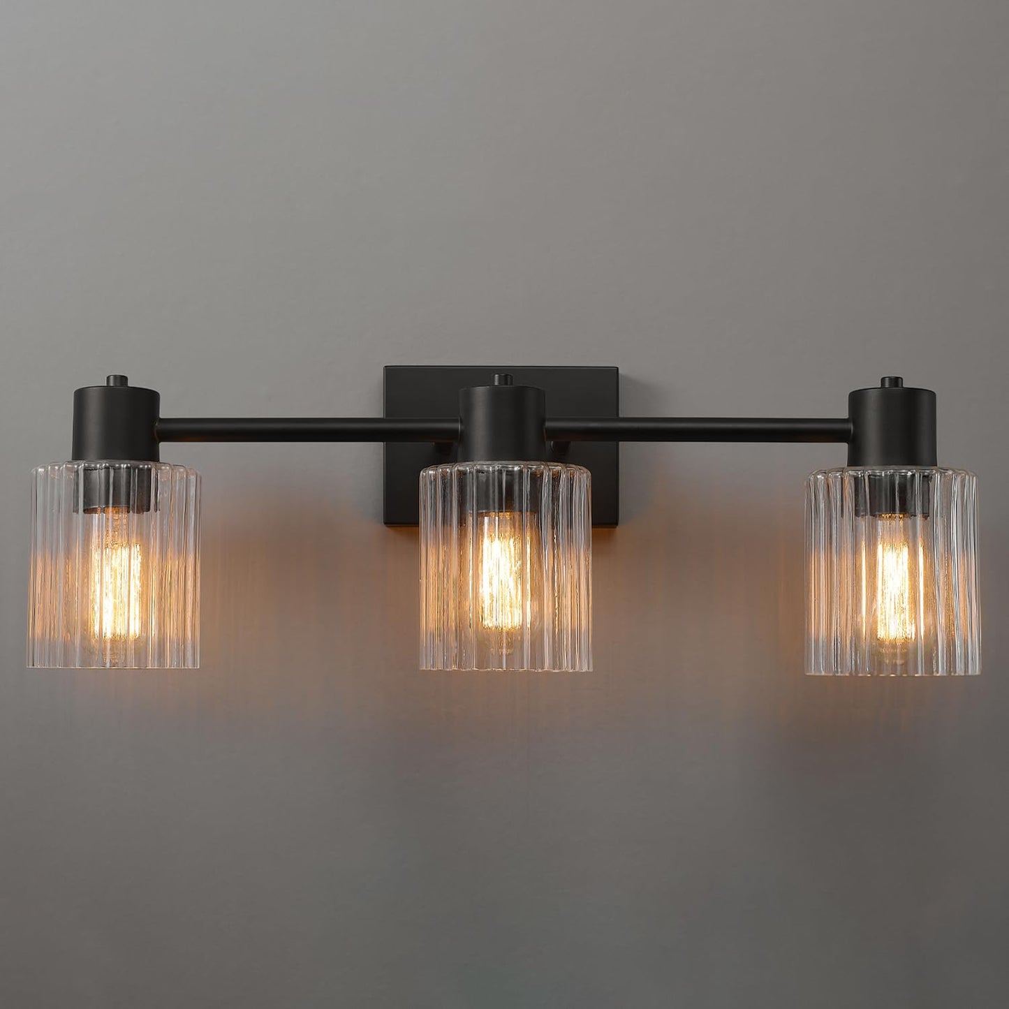 Globe Electric 3-Light Vanity Light, Matte Black, Clear Ribbed Glass Shades