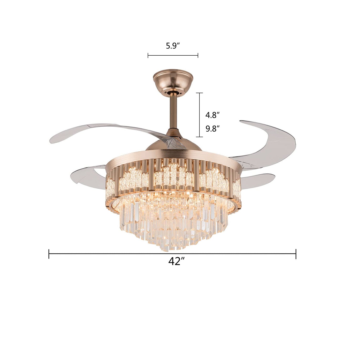 OUKANING Fandelier Crystal Retractable Ceiling Fans Light and Remote Invisible LED Crystal Chandelier Fanfor Living Room Dining Room Hall-Polished