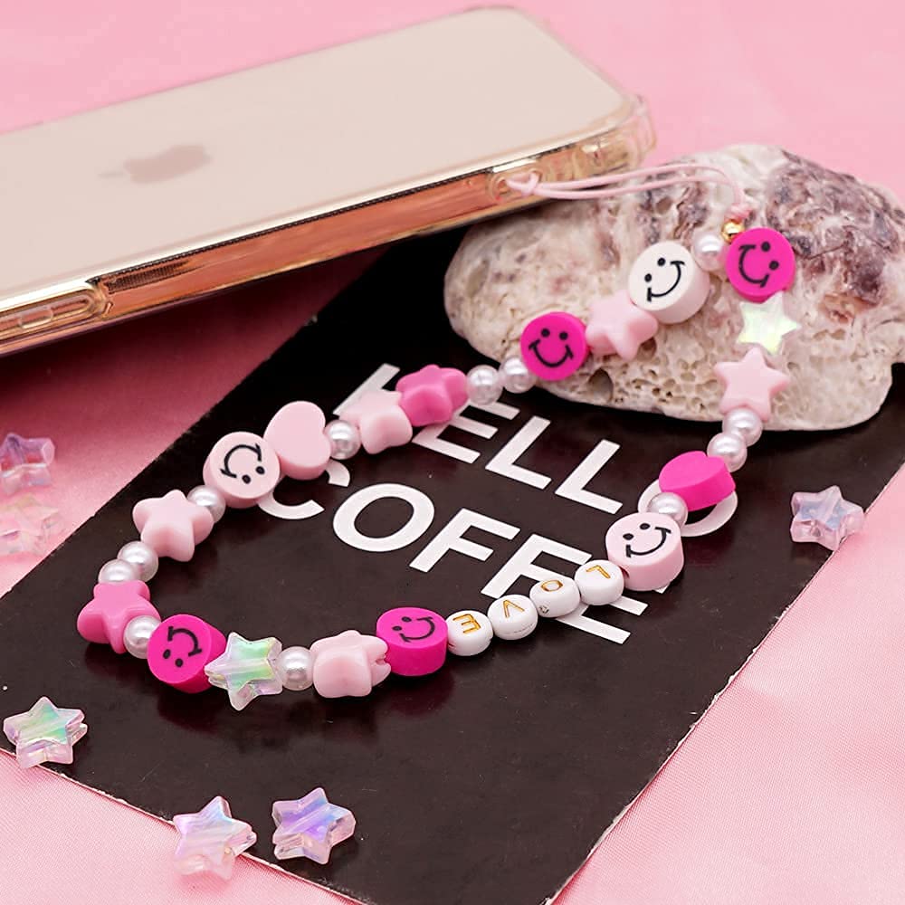 LUSTEMBER Cute Beaded Phone Charm, Smiley Face Wrist Strap, Colorful Handmade Polymer Clay and Pearl Chain