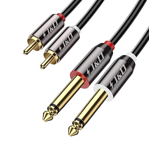J&D 1/4 to RCA Cable, Gold Plated Copper Shell Heavy Duty 2X6.35mm TS to Dual RCA Stereo Audio Interconnect Cord for AV Receivers, Speakers, Home