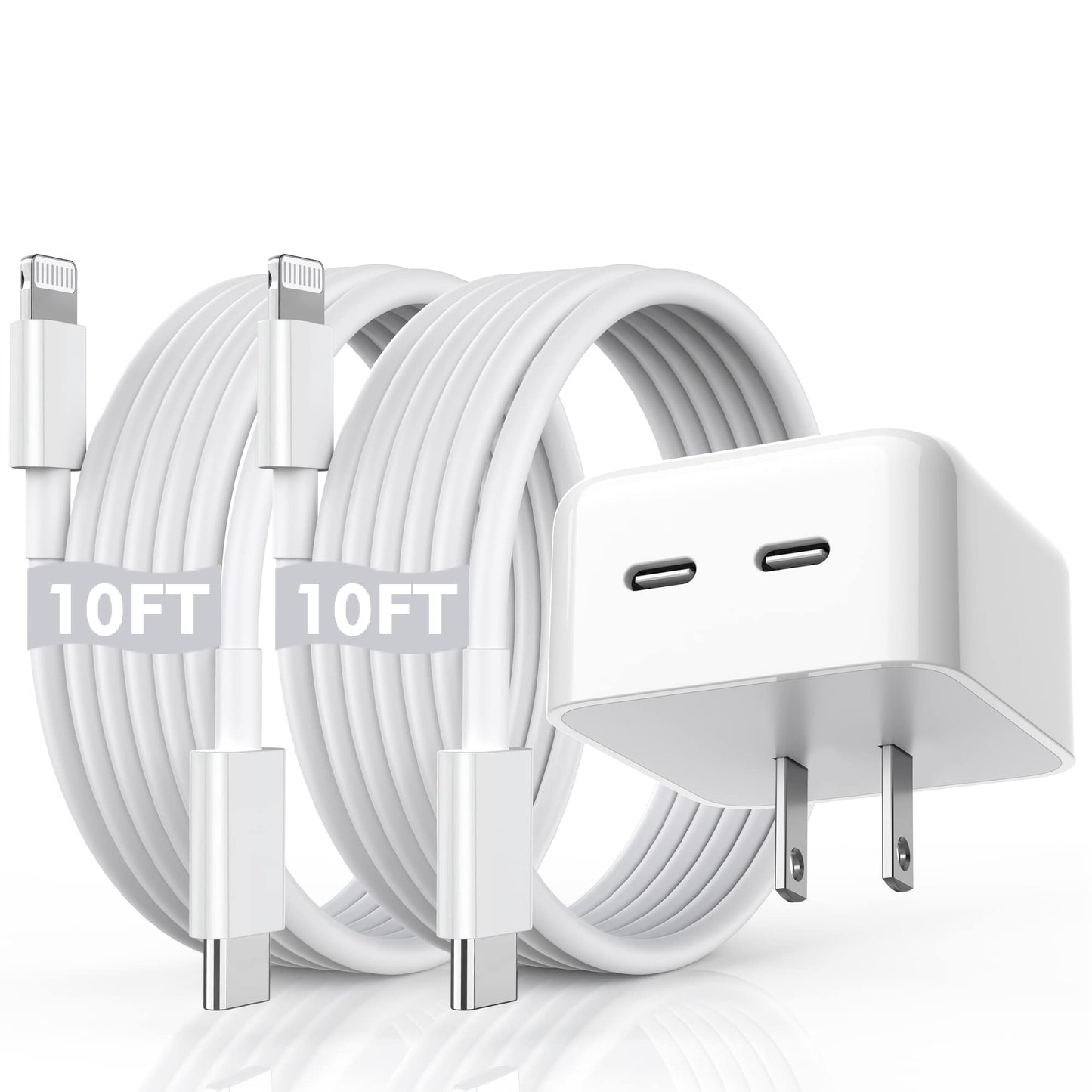 iPhone Fast Charger, 40W Dual USB-C Quick Wall Charger 10FT Charging 2pack 10FT Extra Long Lightning Cable+Double Port Foldable USBC iPhone Charger