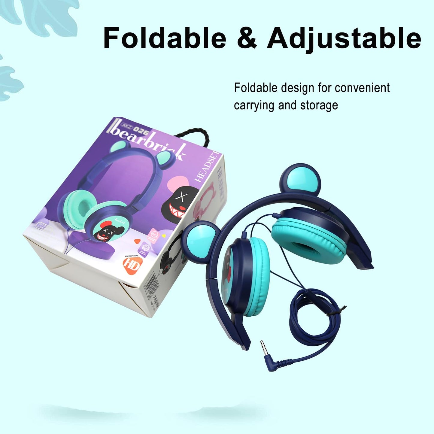 ROCKSOCKI Kids Wired Headphone for Electronic Drum Set. Foldable and Adjustable, Bear Ear Design 3.5mm Jack