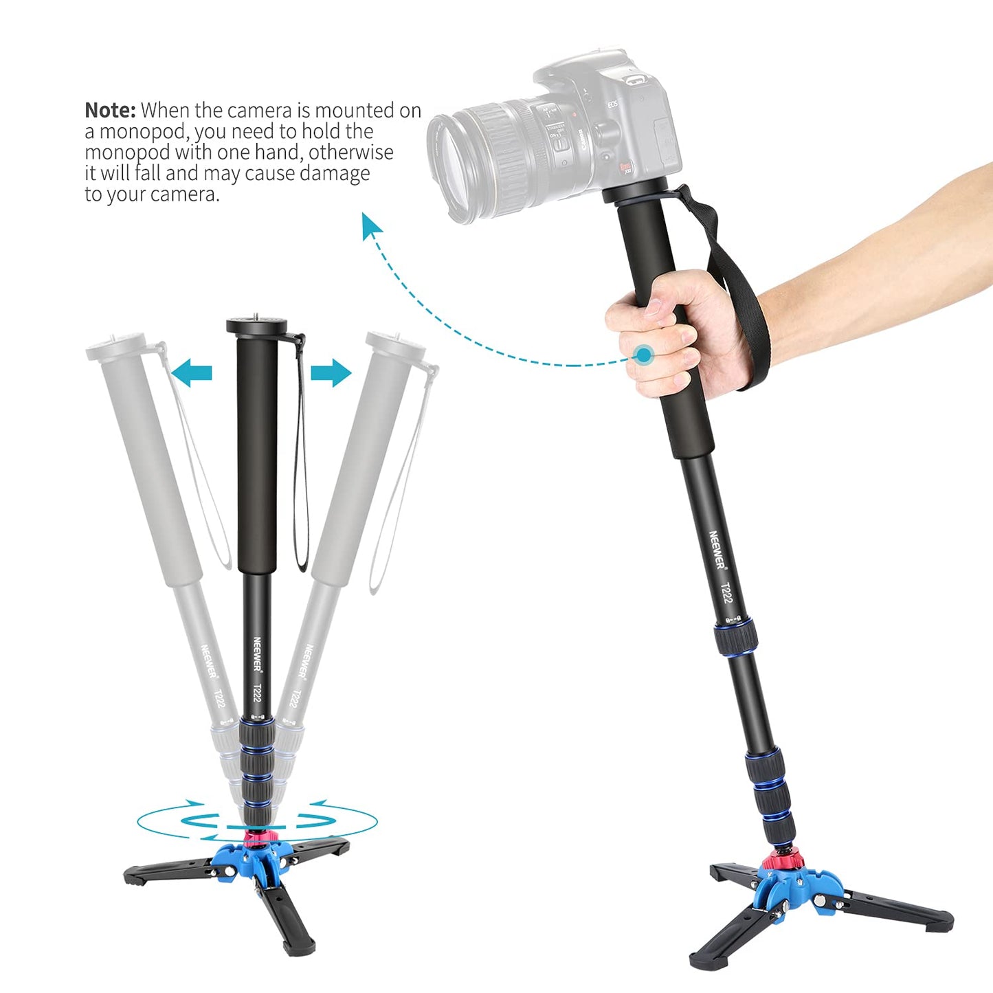 Neewer Extendable Camera Monopod with Detachable and Foldable Stand Base: Aluminium Alloy, Height 52-168 cm for Nikon Sony DSLR; Maximum Load of 5 kg