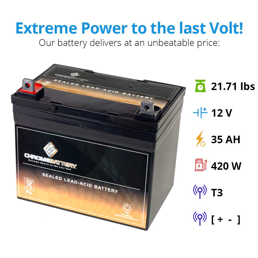 CB CHROMEBATTERY 12V 35AH T3 Maintenance-Free Battery for Lawn Mowers, Snow Blowers, Solar Energy, UPS Systems, and More - Nut and Bolt (T3) Terminal