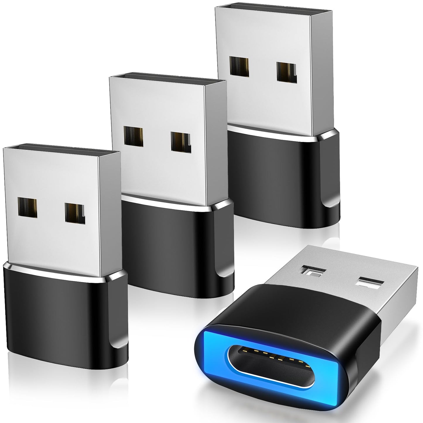 TiMOVO USB to USB C Adapter with LED Light, 4 Pack USB A Male to USB C Female Adapter 27W Fast Charging for iPhone 16e/16/15 Pro Max Plus, AirPods…