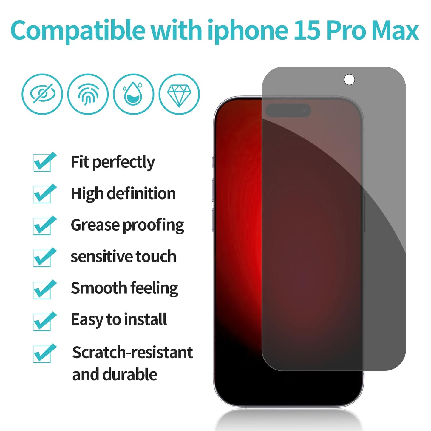 PEHAEL 2+2 Pack for iPhone 15 Pro Max Privacy Screen Protector with Camera Lens Protector Full Coverage Anti-Spy Tempered Glass Film 9H Hardness Easy