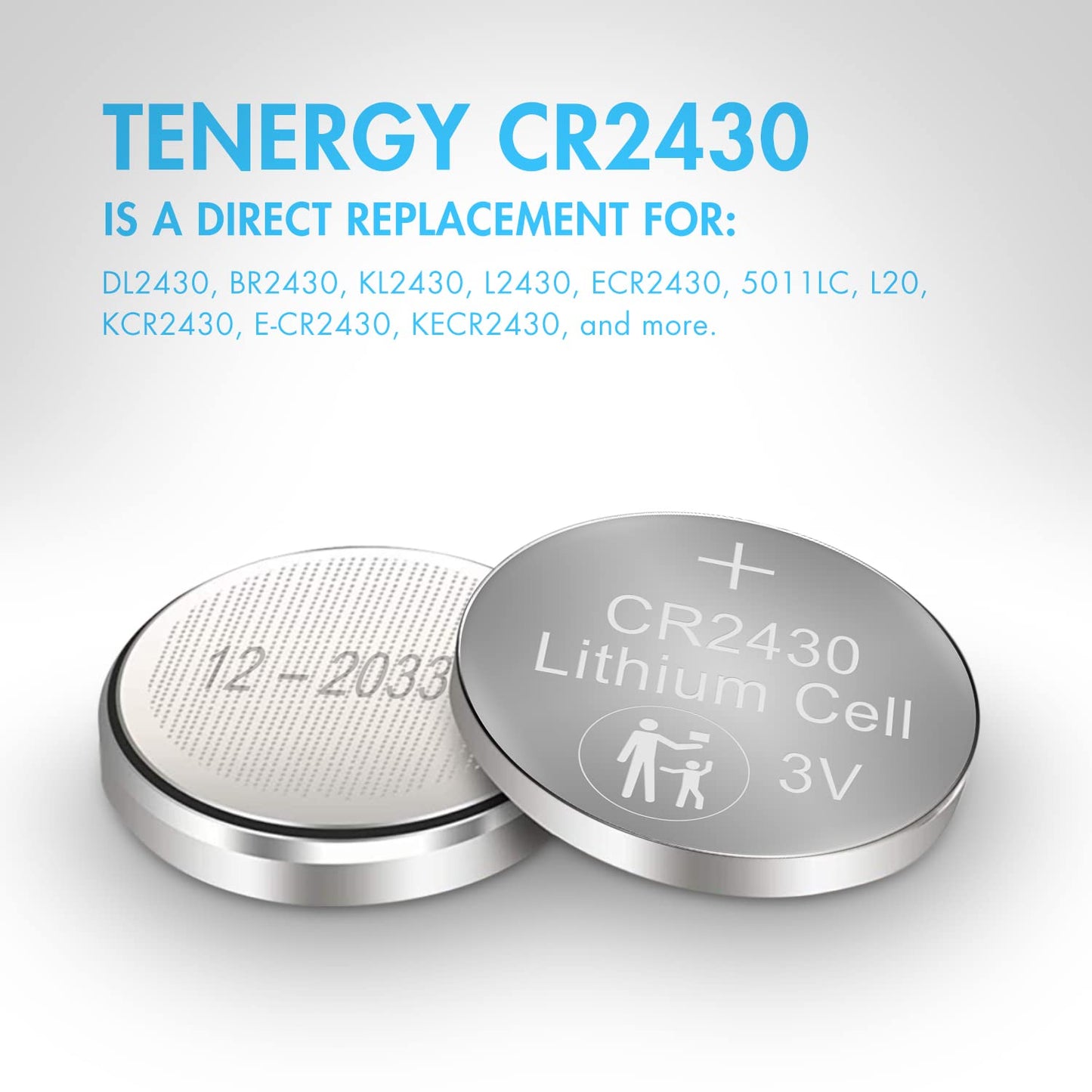 Tenergy CR2430 Battery, 3V Lithium Coin Battery for Car Key Fob, Car Remote, Calculators, Thermometers and More, 5 Count