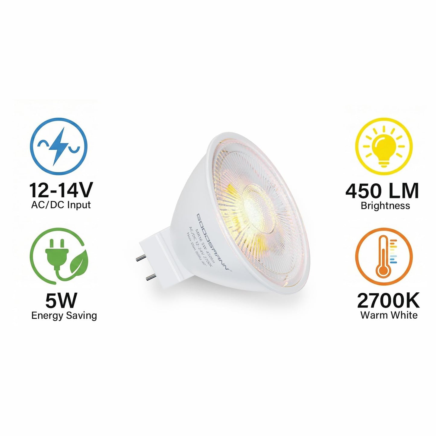 GOODSMANN 12-Pack MR16 LED Bulbs, 12V-24V AC/DC Low Voltage Landscape Light Bulbs, 5W (50W Halogen Equiv.), 450LM 2700K Warm White, GU5.3 Bi-Pin Base