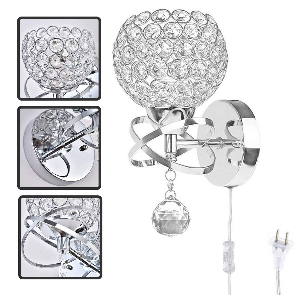Ygapuzi Modern Crystal Wall Light Flush Mount Wall Sconces Lamps Chrome Finish Bedside Lighting Fixture with E27 Socket, for Living Room Bathroom