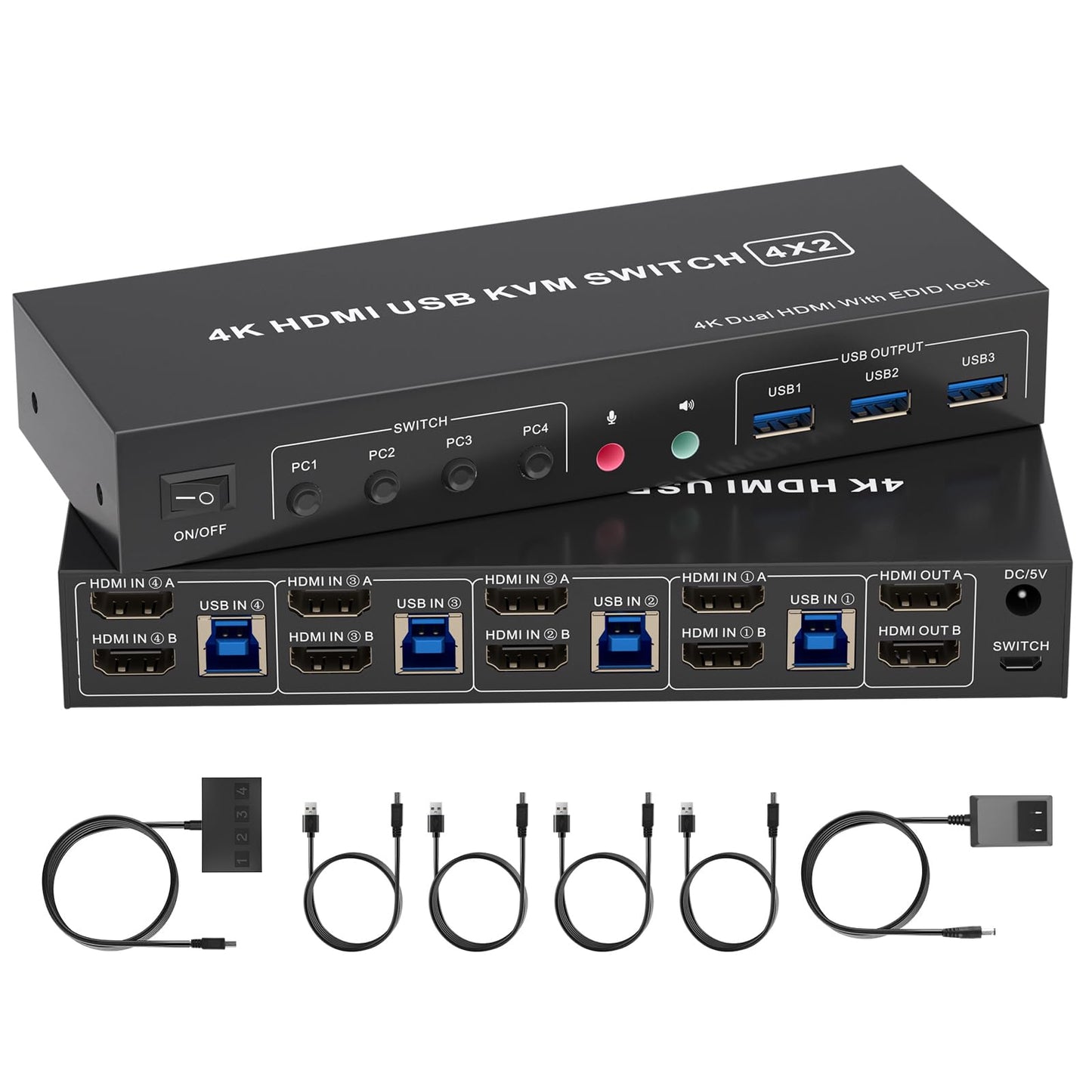 4K HDMI KVM Switch 2 Monitors 4 Computers, Dual Monitor and 2 HDMI USB 3.0 KVM Switches 4K@60Hz,Support Extended/Mirror Mode Share 3 USB 3.0 Ports