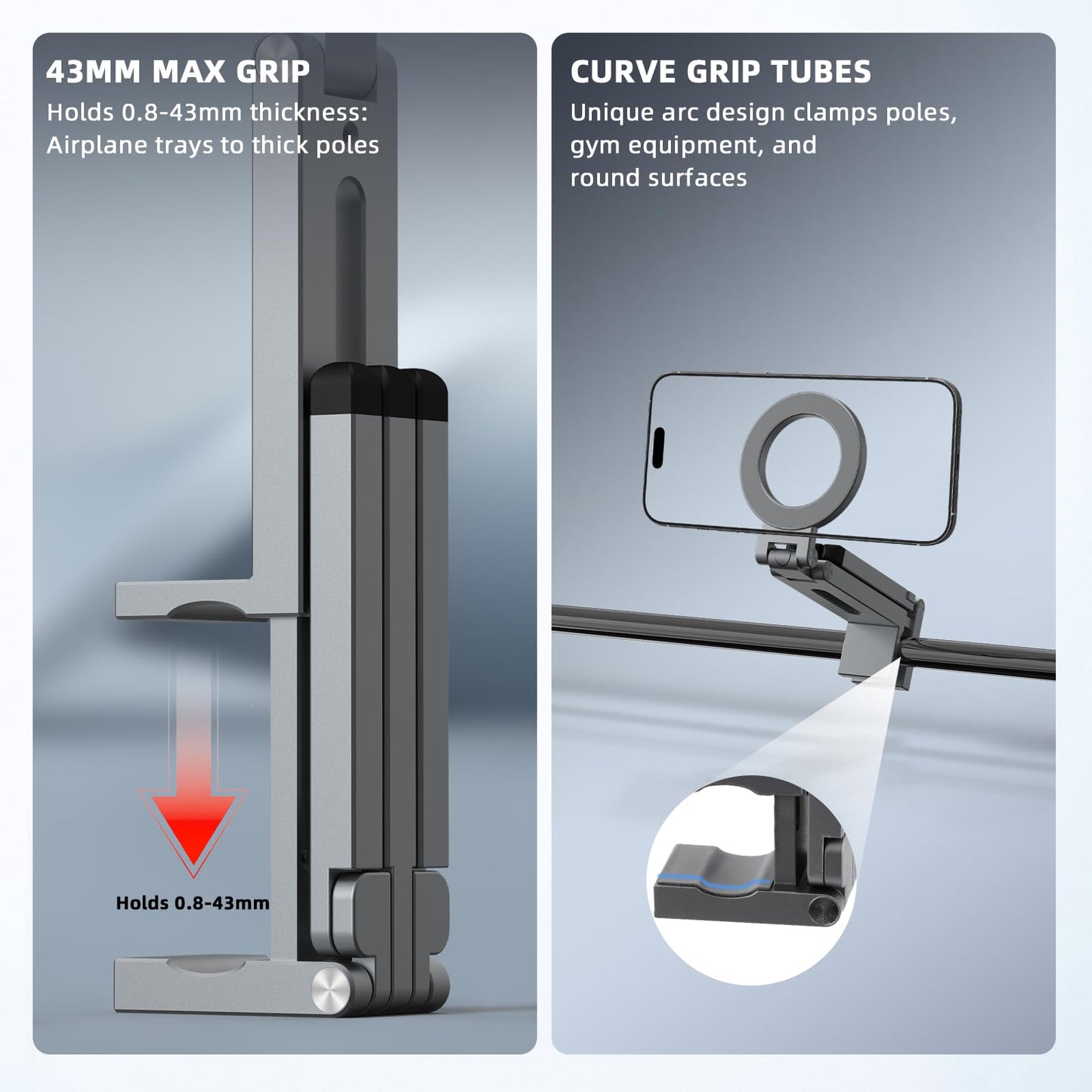 Magnetic Tripod for iPhone, Airplane Phone Holder for MagSafe Selfie Stick Adapter Travel Foldable Clip Clamp Plane Desktop Stand for iPhone 17 16 15