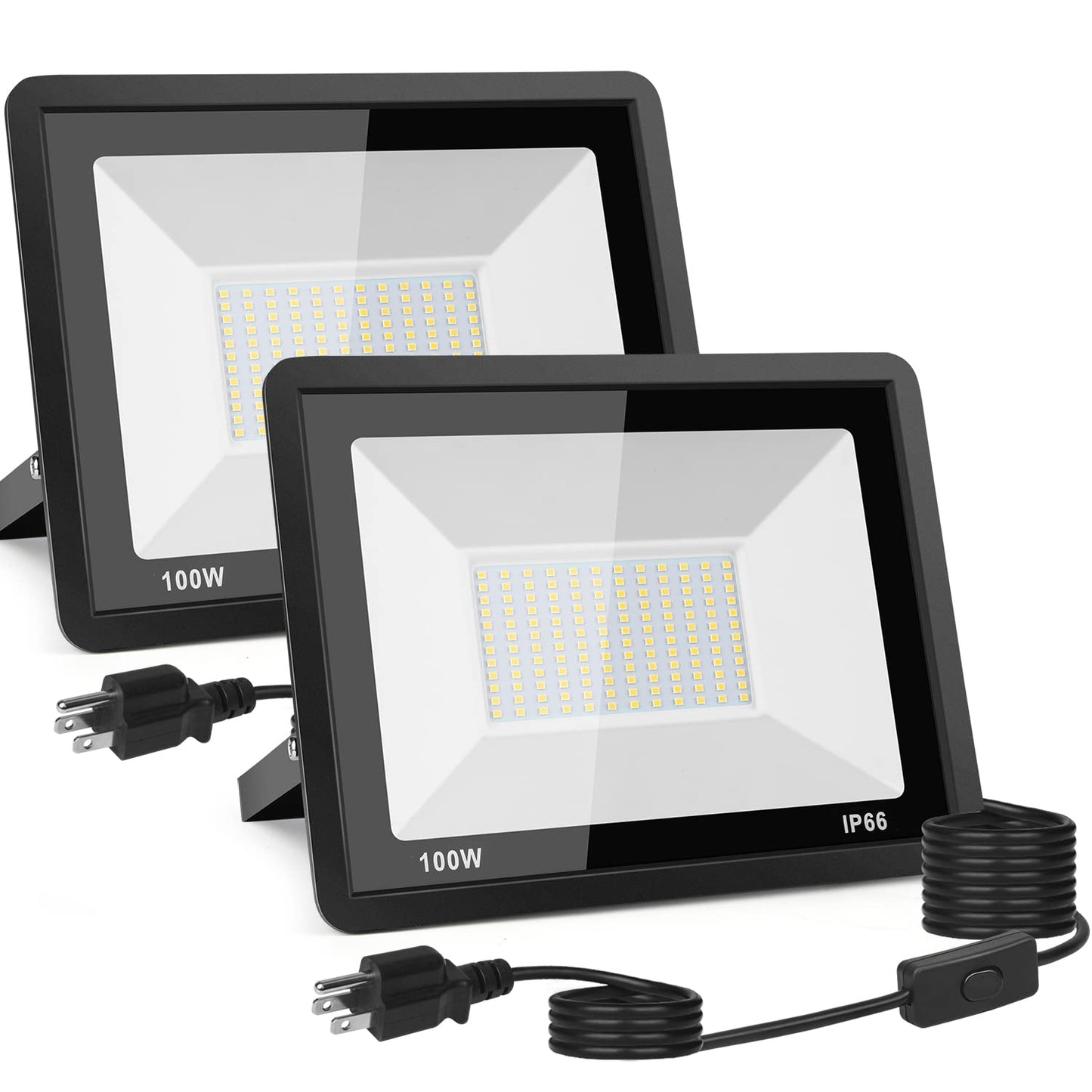 2-Pack 100W LED Flood Light Outdoor, 10000LM Bright Plug-in Flood Lights with Switch, IP66 Waterproof Exterior Security Lights, LED Work Light