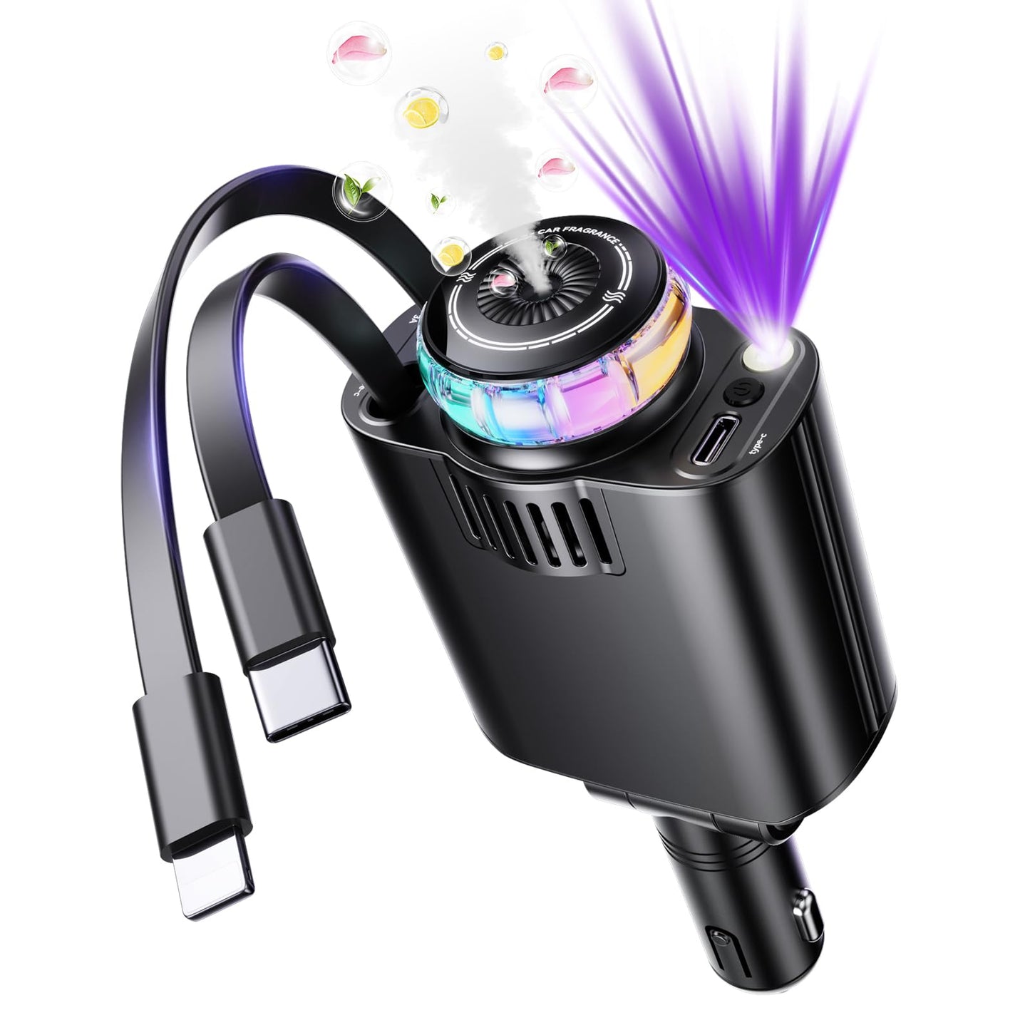 Retractable Car Charger with Aromatherapy and Starlight, 5 in 1 USB C Car Charger Adapter, 69W Fast Charging Cars Phone Chargers, Cars Air Freshener
