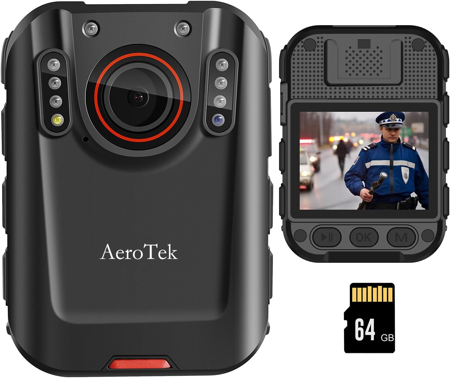 AeroTek 2K Body Camera, Police Body Cam with 64GB Video Recording and Ultra Infrared Night Vision, Body Worn Camera for Law Enforcement Recorder