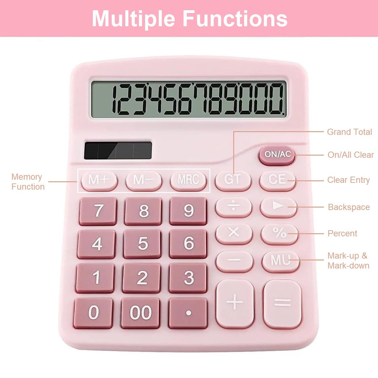 Cute Desktop Basic Calculator for Kids, Dual Solar and Battery Power, Simple 4 Functions and Basic Financial Calculations with Big Buttons and 12
