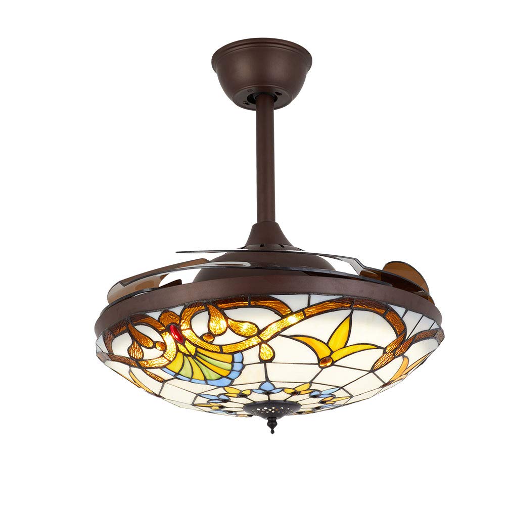 DNYSYSJ Chandelier 42inch Classic Tiffany Style Ceiling Fan w/Retractable Blades Dimmable LED lights Craft-Made Colorful Painted 3-Color