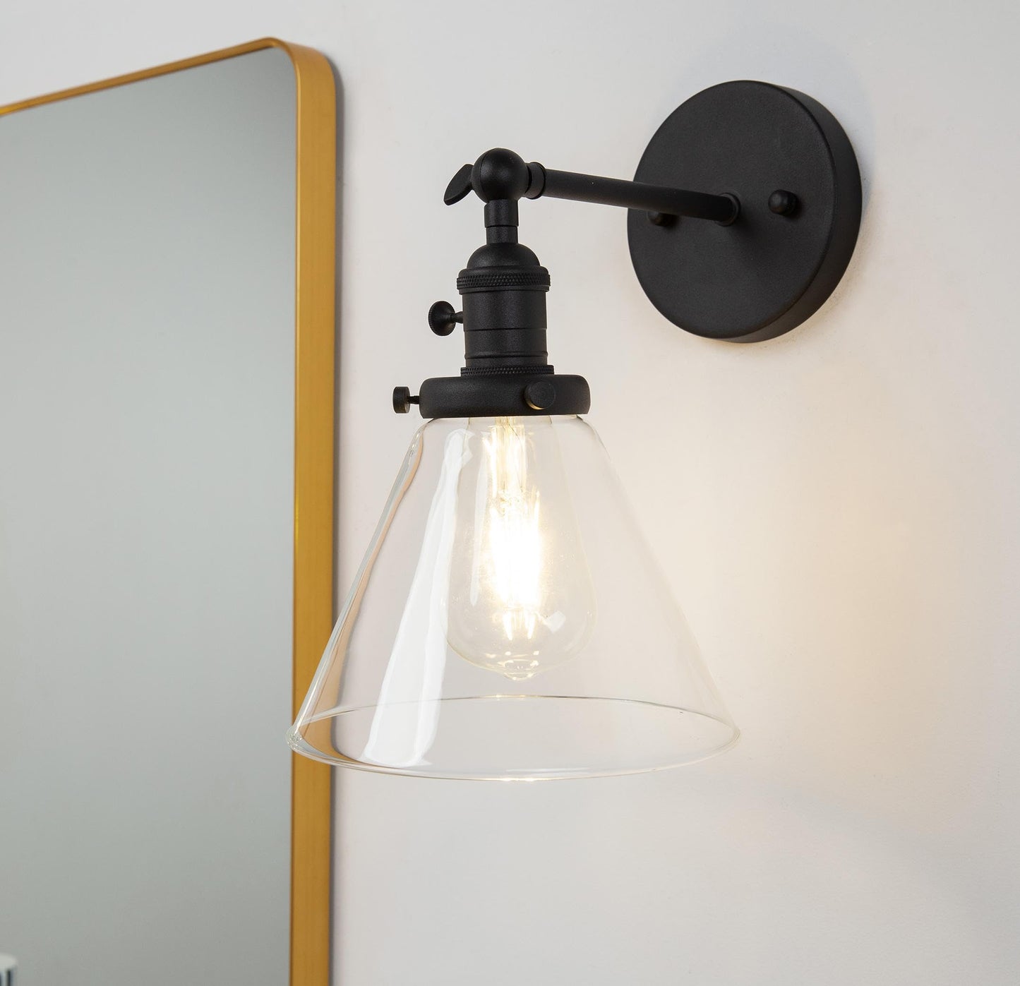 Pathson Hardwired Wall Sconce with Switch, Indoor Wall Lighting Fixtures with Funnel Clear Glass Shade, Vintage Vanity Lamps for Bathroom Lighting