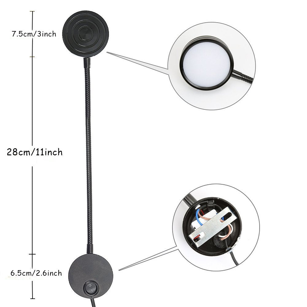 WeFoonLo 5W Wall Mounted Reading Light Flexible Gooseneck LED Sconce Lamp with Plug & Switch for Bedroom, Office, Workbench, Studio (03 Black Warm
