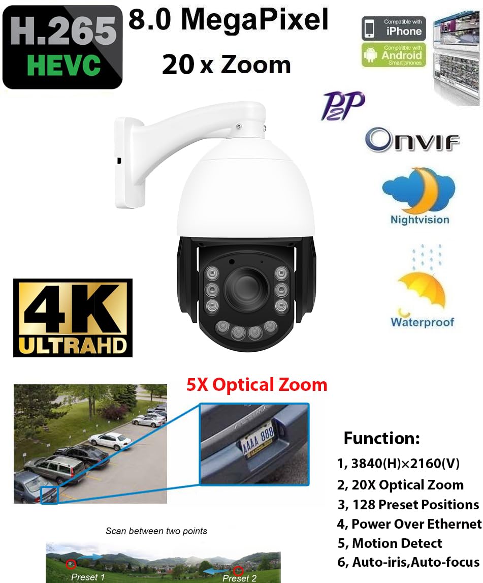 GW Security 8MP Pan Tilt Zoom IP PoE 20X Optical Zoom 4K 3840 x 2160p Outdoor Indoor Security Speed Dome PTZ Camera with 330ft IR Night Vision