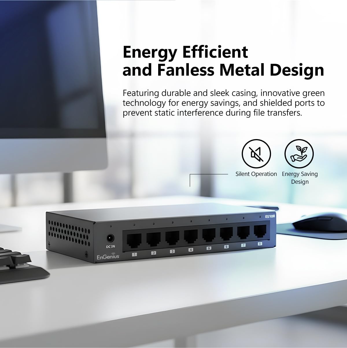 EnGenius 8-Port Gigabit Unmanaged Switch (ES108) | 5X GE Ports high-Speed Connections | Plug and Play | fanless Silent Operation | IEEE 802.3az Energy