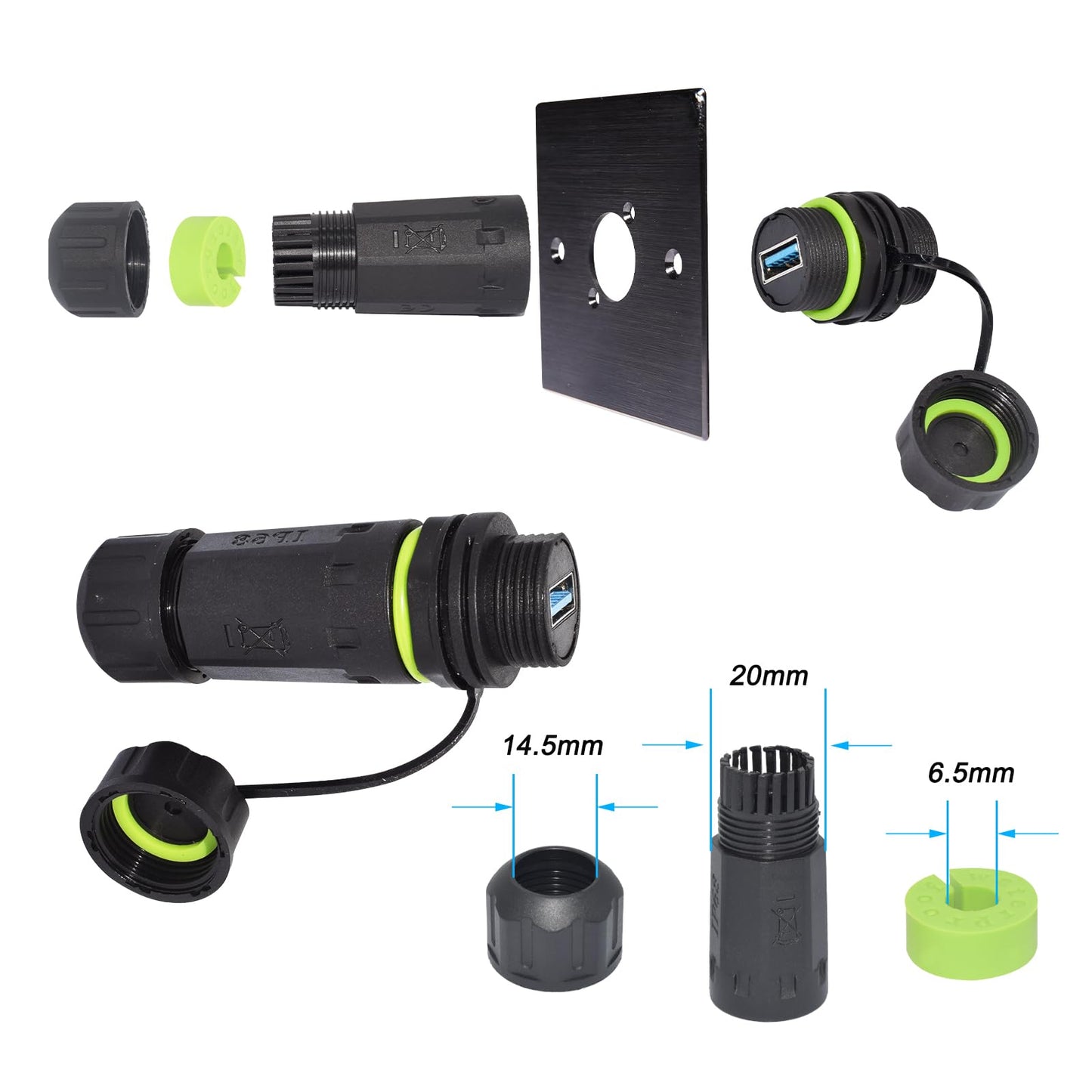 ELifeApply Waterproof Panel USB Connector with Shield, Waterproof IP68 USB 3.0 Panel Mount Connector, Female to Female, with Shield Extension Adapter