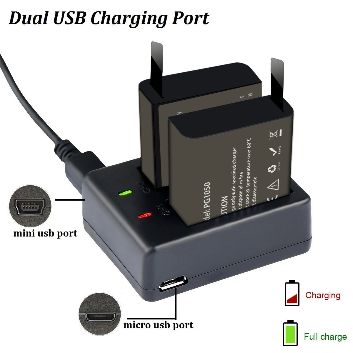 VVHOOY 3 x 1050mAh Rechargeable Action Camera Battery with USB Dual Charger Compatible with AKASO EK7000/Brave 4/V50X/Apexcam/VEMONT/Dragon Touch
