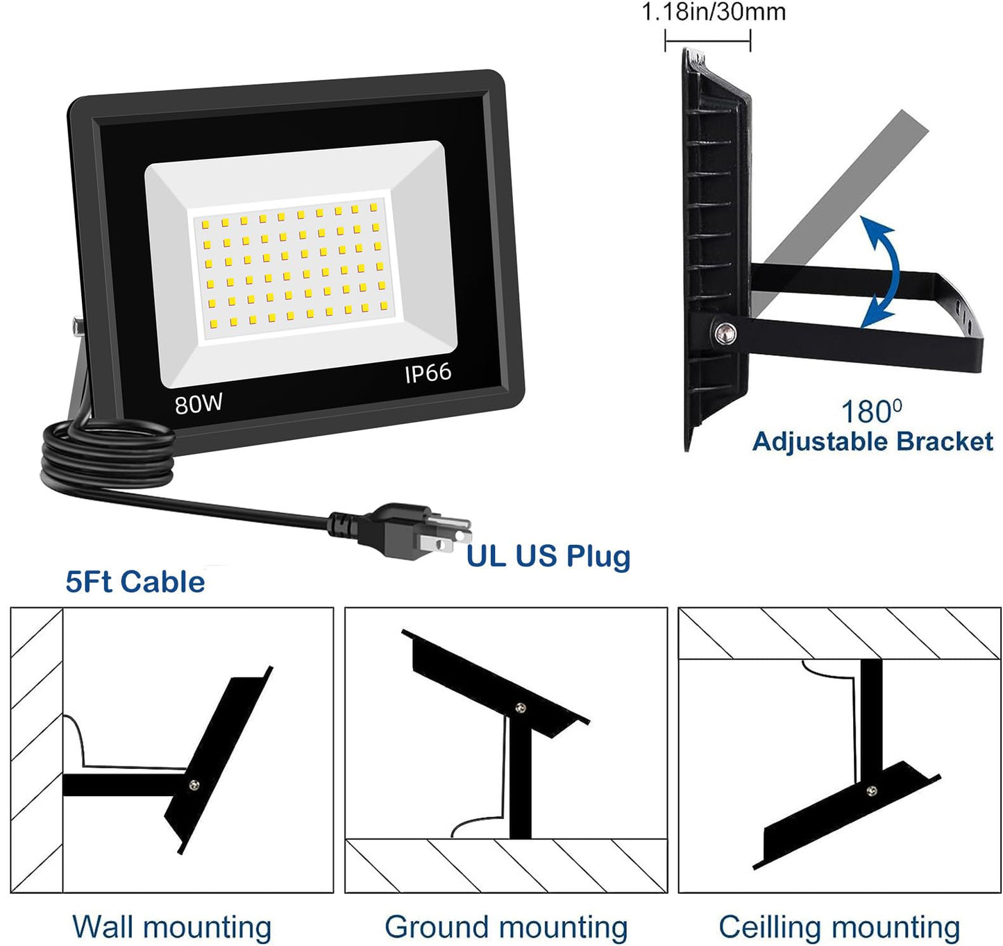 Sunkkes 3 Pack 80W LED Warm White Floodlight, 3000K Outside Flood Light with Plug, Ultra Bright 10400LM Outdoor Security Lights, IP66 Waterproof Flood